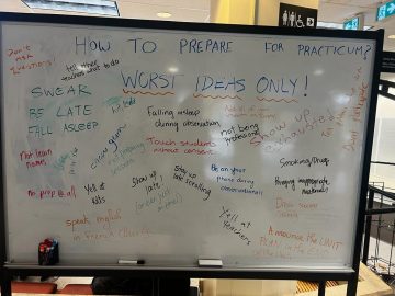 Whiteboard showing student responses to the reverse ideation provocation "How to prepare for practicum: Worst ideas only". Responses include: Swear, be late, fall asleep, be on your phone...