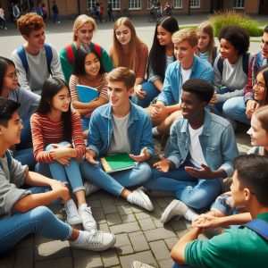 group of multi-ethnic students engaging in a discussion outdoors at school.